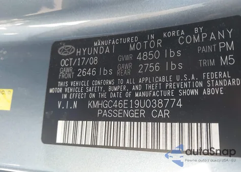 2009 Hyundai Genesis 3.8 z USA, uszkodzony, nr VIN KMHGC46E19U038774